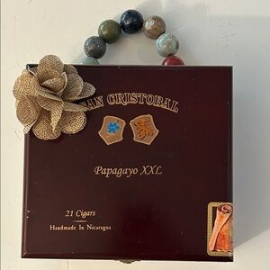 Cigar box purse upcycled wooden San Cristobal wooden box with big bead handle